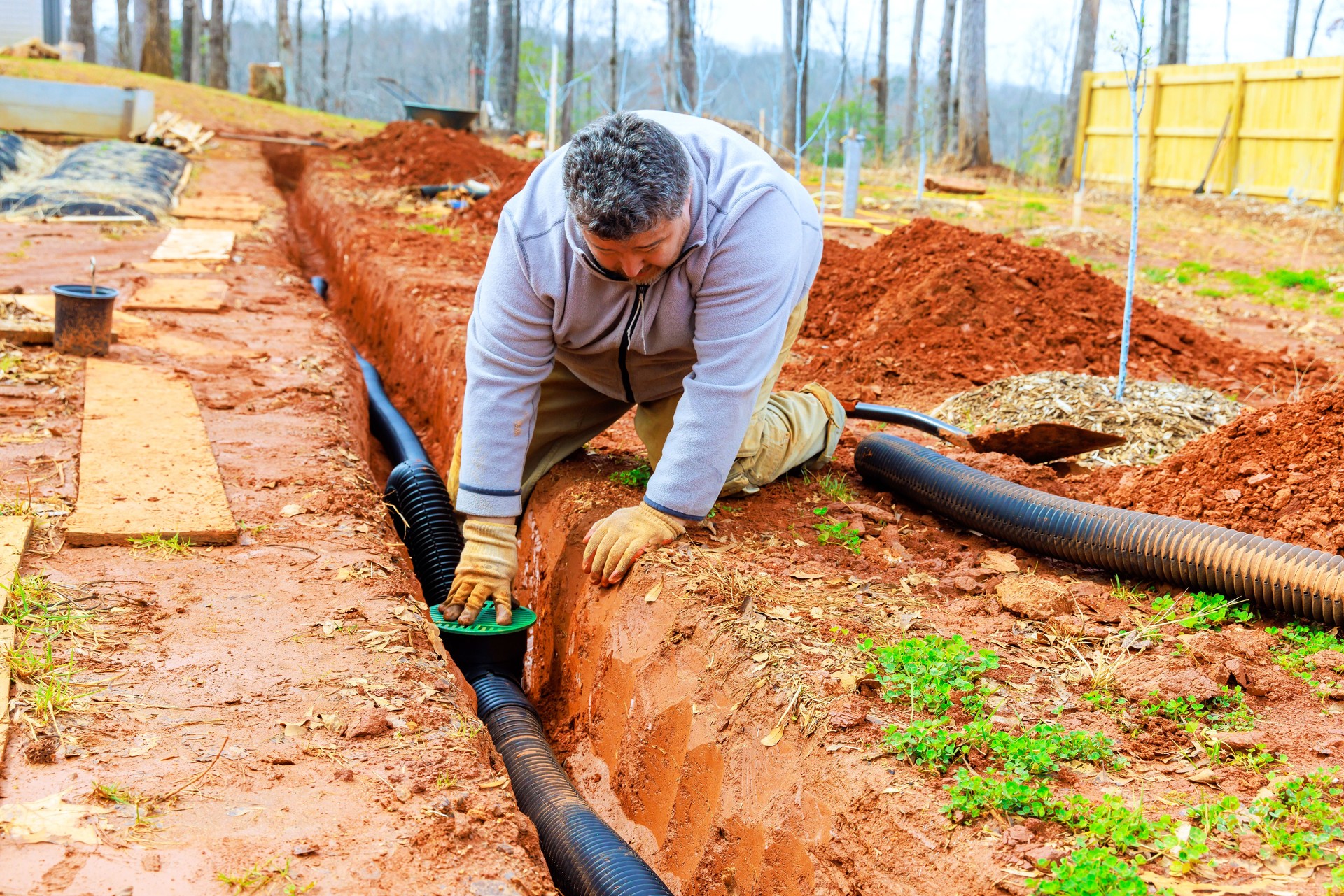 Man installing drainage pipes in a trench within a backyard landscape during daylight in a rural setting
